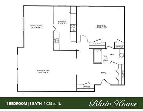 Floor plan for 1 bed, 1 bath, 1025 sqft